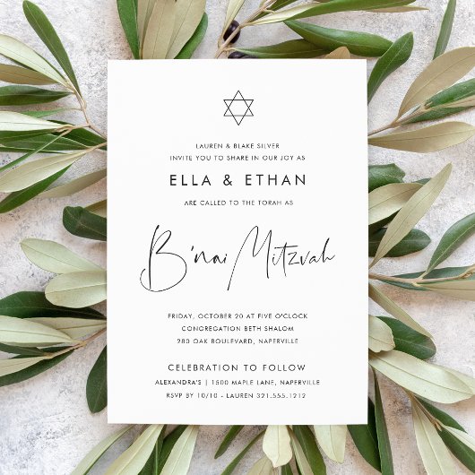 Modern Minimalist Twins B'nai Mitzvah Kaart