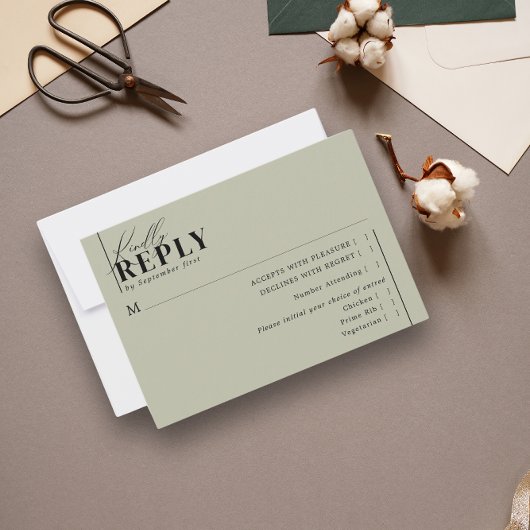 Modern minimalist Typography Wedding Green Meal RSVP Kaartje