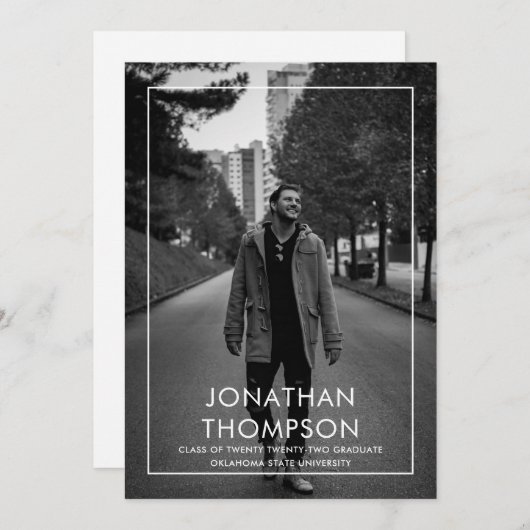 Modern minimalistisch Afstuderen zwart fotowit Aankondiging (Voorkant / Achterkant)