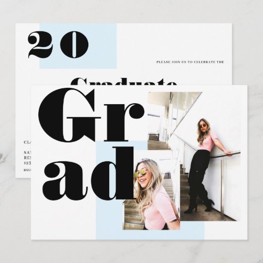 Modern minimalistisch blauw 2 foto's afstuderen kaart (Voorkant / Achterkant)