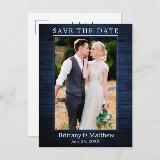 Modern minimalistisch blauw hout bespaart de datum briefkaart (Voorkant / Achterkant)