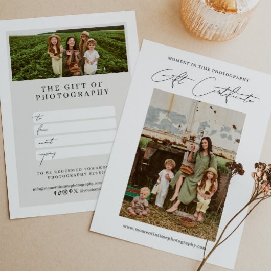 Modern minimalistisch cadeaucertificaat voor fotog