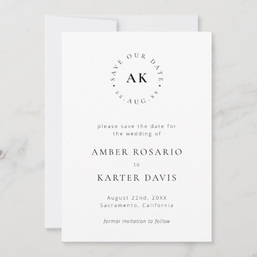 Modern minimalistisch eenvoudig monogram save the date (Voorkant)