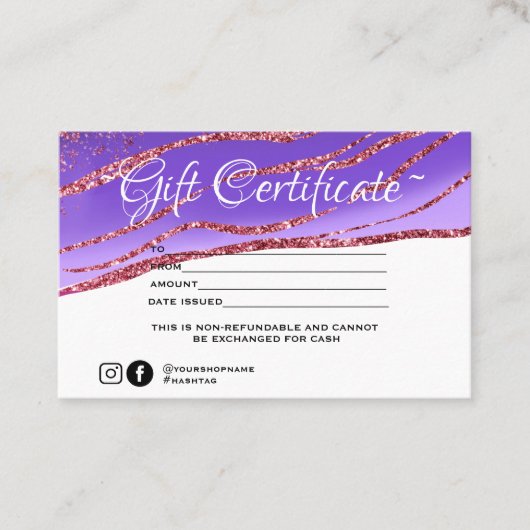 Modern minimalistisch goudglitter Gift-certificaat Visitekaartje (Voorkant)