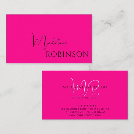 Modern Minimalistisch Hot Pink Script Visitekaartje (Voorkant / Achterkant)