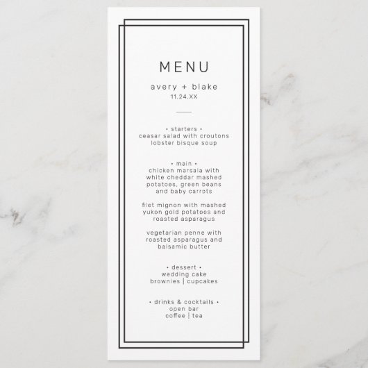 Modern minimalistisch huwelijksmenu / AVERY Suite Menu (Voorkant)