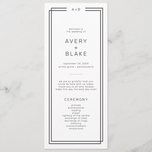 Modern minimalistisch huwelijksprogramma / AVERY Programma (Voorkant)