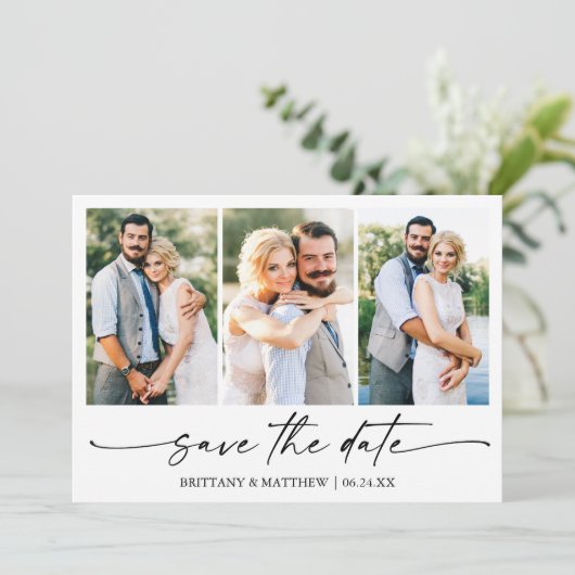 Modern minimalistisch inktscript 3 Foto Save The Date (Staand voorkant)