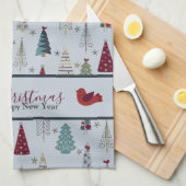 Modern minimalistisch kerstboompatroon Blauw rood Theedoek (Quarter Fold)