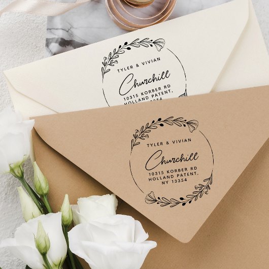 Modern minimalistisch kransscript retouradres 	rubberstempel