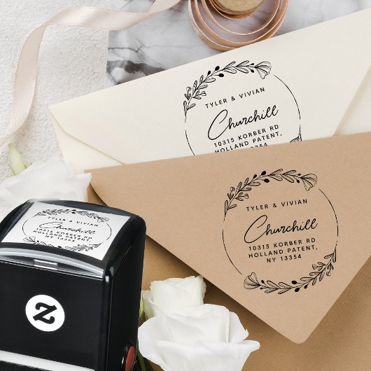 Modern minimalistisch kransscript retouradres zelfinktende stempel