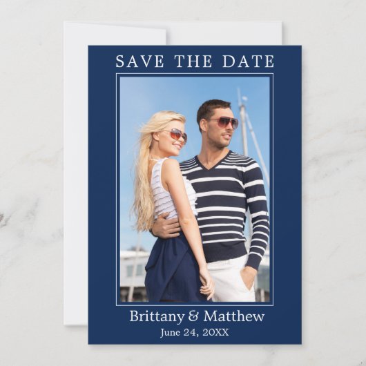 Modern minimalistisch marineblauw save the date (Voorkant)