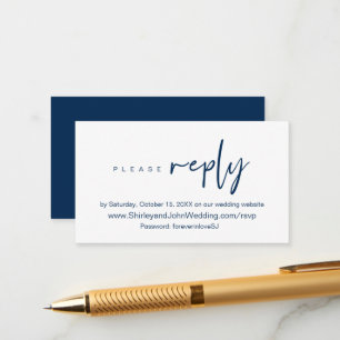 Modern minimalistisch, marineblauw script, online informatiekaartje