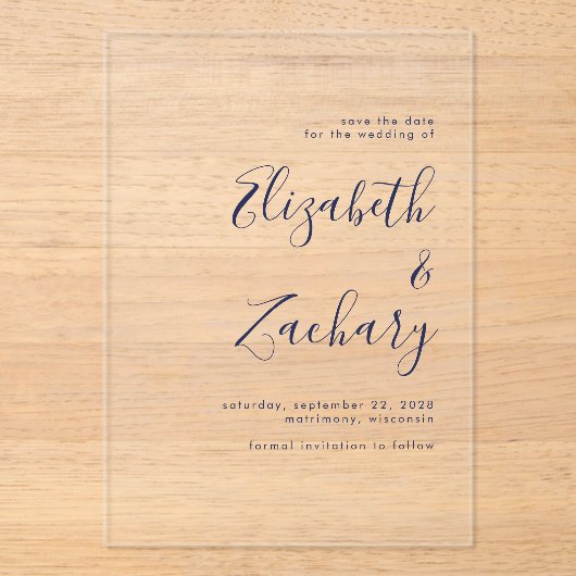 Modern minimalistisch marineblauw script Save the  Acryl Uitnodigingen (Voorkant)