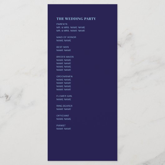 Modern minimalistisch marineblauw trouwprogramma programma (Achterkant)