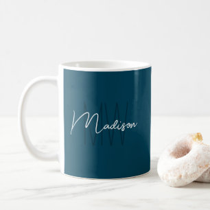 Modern Minimalistisch Monogram Blauw Schrift Naam Koffiemok