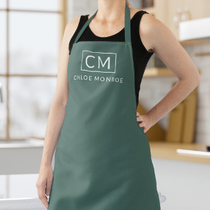 Modern minimalistisch monogram naam stijlvol groen schort