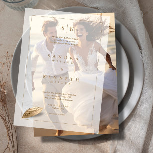 Modern minimalistisch monogram rustiek ingelijst b vellum uitnodigingen