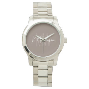 Modern Minimalistisch Monogram Taupe Script Naam Horloge