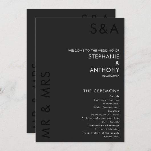 Modern minimalistisch monogram zwart-wit huwelijk programma (Voorkant / Achterkant)