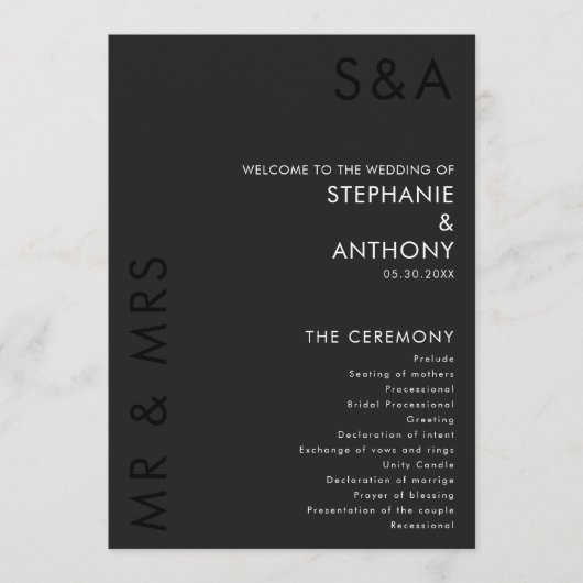 Modern minimalistisch monogram zwart-wit huwelijk programma (Voorkant)