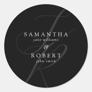 Modern minimalistisch monogram zwart-wit huwelijk ronde sticker