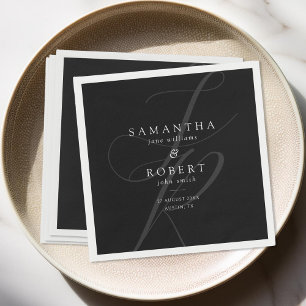 Modern minimalistisch monogram zwart-wit huwelijk servet