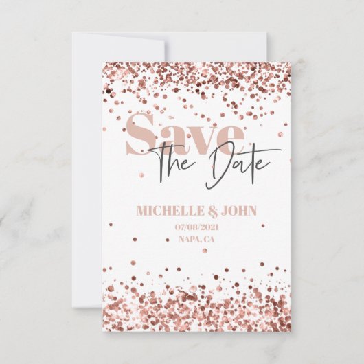 Modern minimalistisch Roos Gold Glitter Script Save The Date (Voorkant)