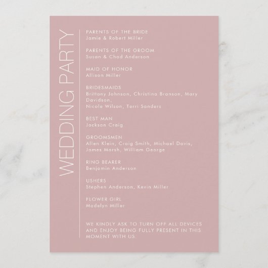 Modern minimalistisch Roos huwelijk Programma (Achterkant)