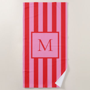 Modern minimalistisch roze rood gestreept monogram strandlaken