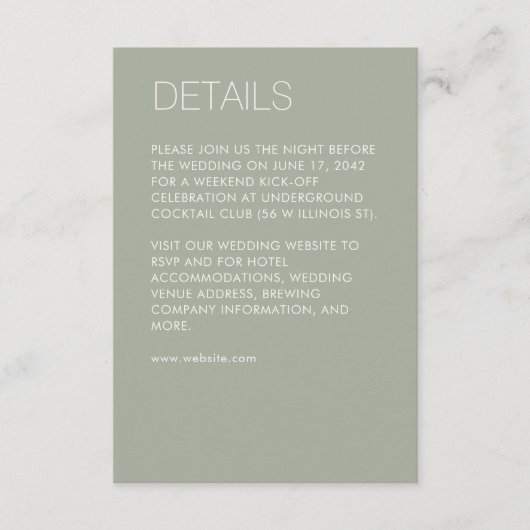 Modern minimalistisch Sage Green Wedding Informatiekaartje (Voorkant)