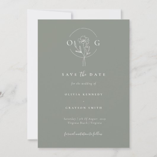 Modern Minimalistisch Sage Groen Bruiloft Monogram Save The Date (Voorkant)