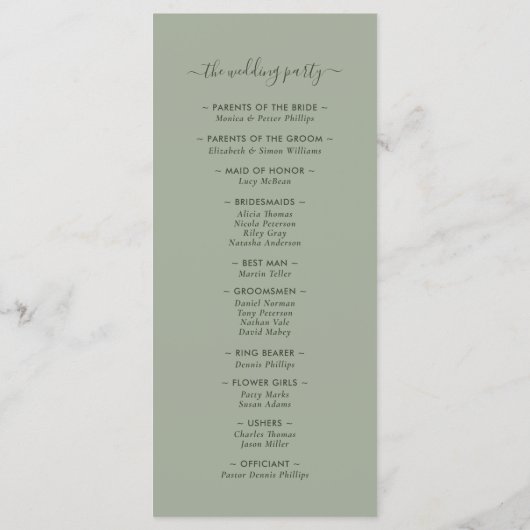 Modern minimalistisch salie groen bruiloft program programma (Achterkant)