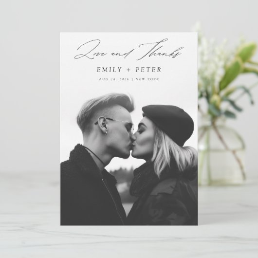 Modern minimalistisch script 2 foto bruiloft bedankkaart (Staand voorkant)