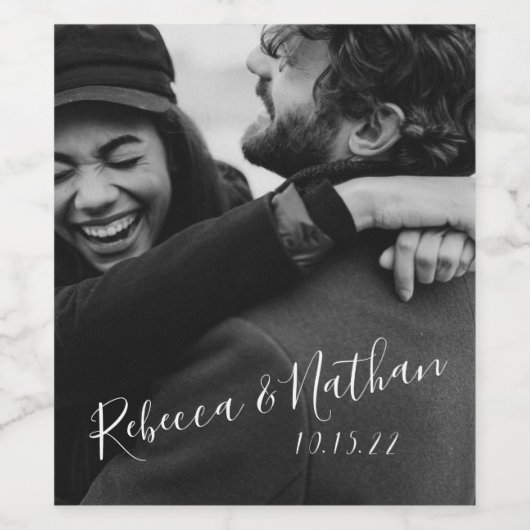 Modern minimalistisch script Aangepaste foto-bruil Wijn Etiket (Enkel label)