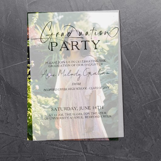 Modern minimalistisch script afstuderen uitnodigin vellum uitnodigingen