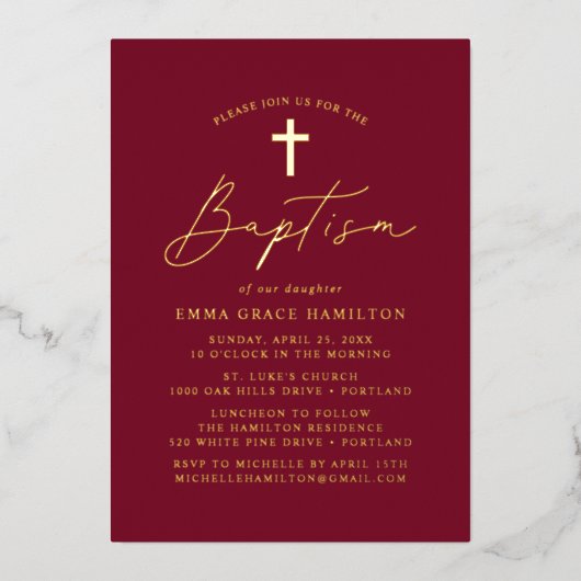 Modern minimalistisch script Bourgogne Baptisme Folie Uitnodiging (Voorkant)