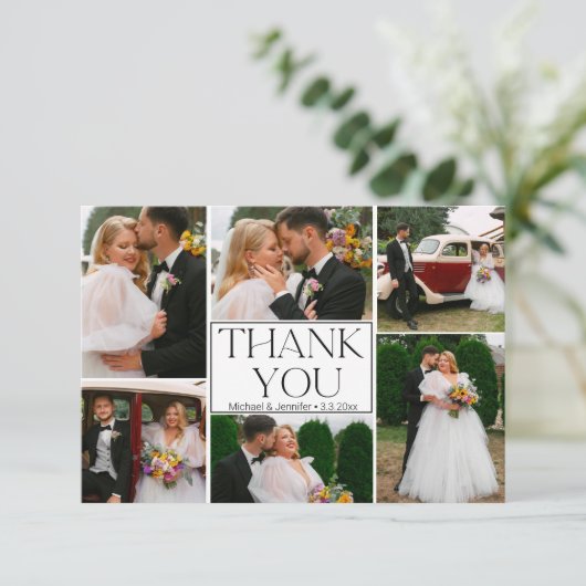 Modern minimalistisch script bruiloft 6 foto's col bedankkaart (Staand voorkant)