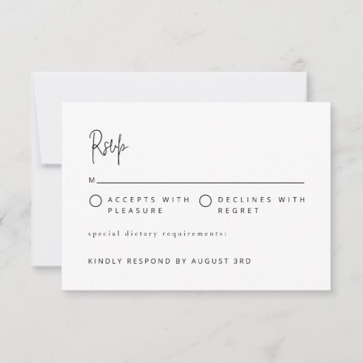 Modern minimalistisch script bruiloft zwart-wit RSVP kaartje (Voorkant)