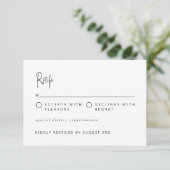 Modern minimalistisch script bruiloft zwart-wit RSVP kaartje (Staand voorkant)