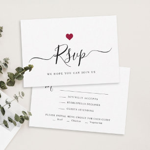Modern minimalistisch script chique rode bruiloft RSVP kaartje