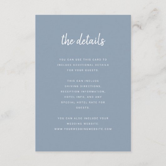 Modern minimalistisch script Dusty Blue | Details Informatiekaartje (Voorkant)