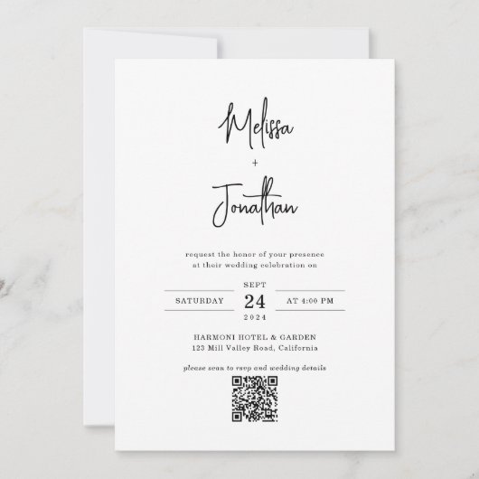 Modern Minimalistisch Script Foto QR code Bruiloft Kaart (Voorkant)