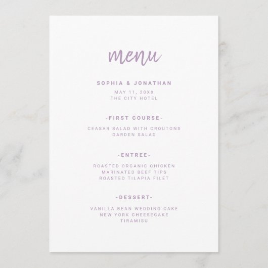 Modern minimalistisch script lavendel | Bruiloft Menu (Voorkant)