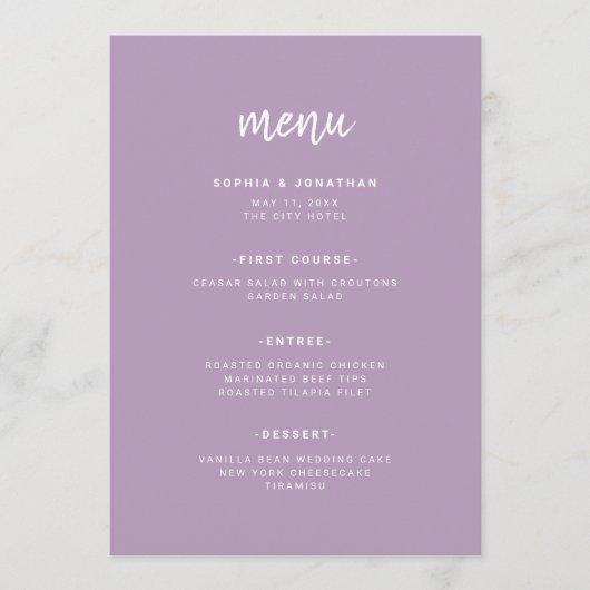 Modern minimalistisch script lavendel | Bruiloft Menu (Voorkant)