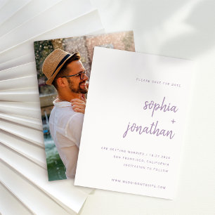 Modern minimalistisch script lavendel   Foto Terug Save The Date