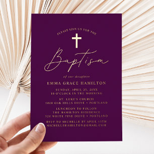 Modern minimalistisch script Paars Baptisme Folie Uitnodiging