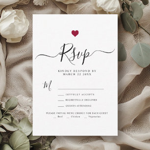 Modern Minimalistisch Script Red Heart bruiloft RS RSVP Kaartje