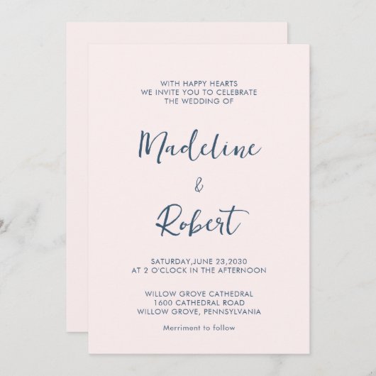Modern Minimalistisch Script Roze Blauw Bruiloft Kaart (Voorkant / Achterkant)