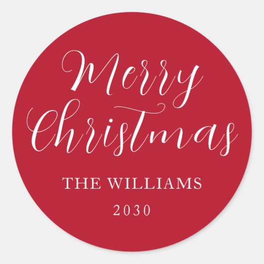 Modern minimalistisch script vrolijk kerstrood wit ronde sticker (Voorkant)